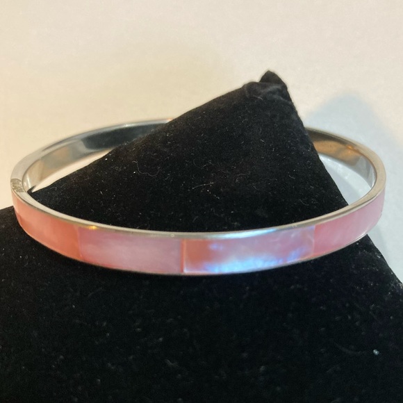 Art Deco Style Silver Tone and Pink Mother of Pearl Bangle Bracelet - Picture 1 of 6